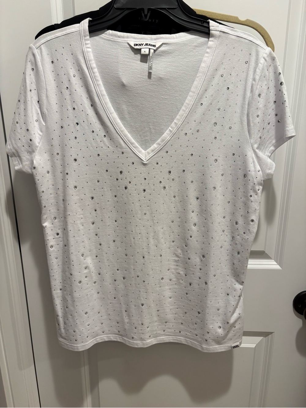 DKNY White V-Neck Short Sleeve Tee with Crystal Accents